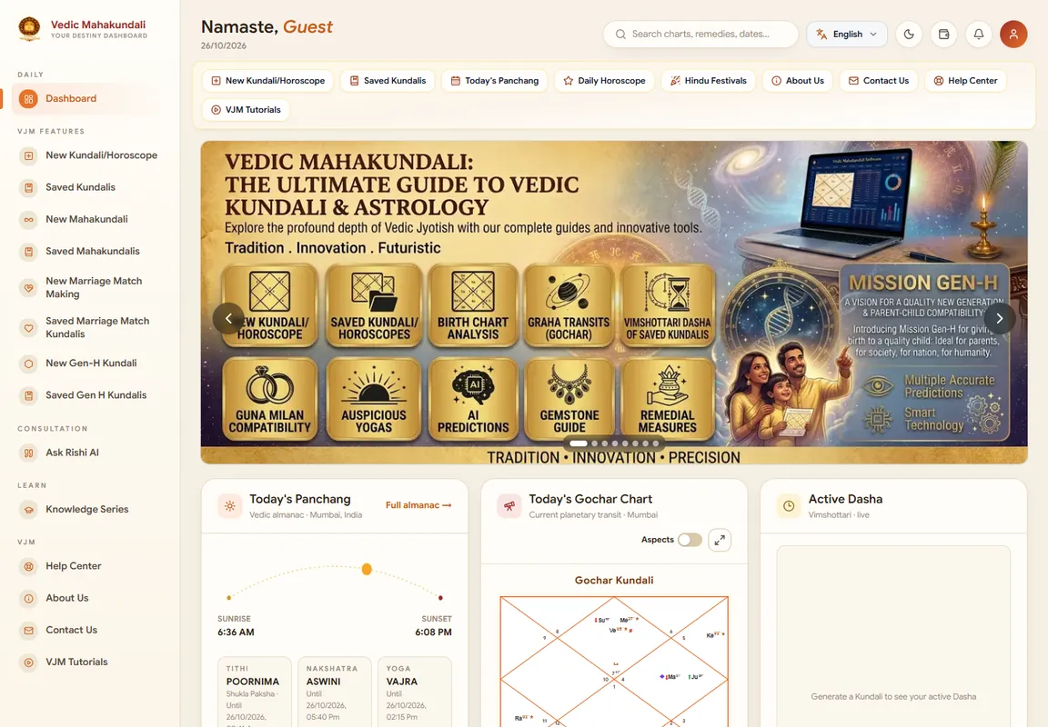 Vedic Mahakundali desktop dashboard with sidebar navigation and astrology tools